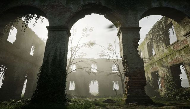 Crumbling brick arches revealing overgrown courtyard bathed in mist
