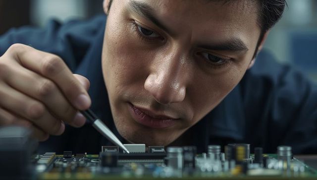 Technician inspecting precision pcb components with probe, closeup electronics repair lab