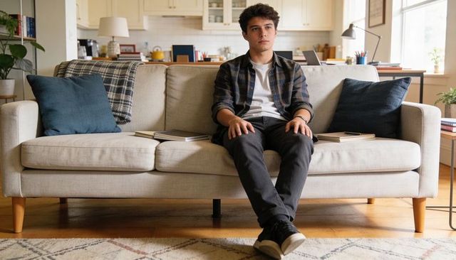 Young man sitting on beige sofa in cozy open living room, studying with laptop and notebooks