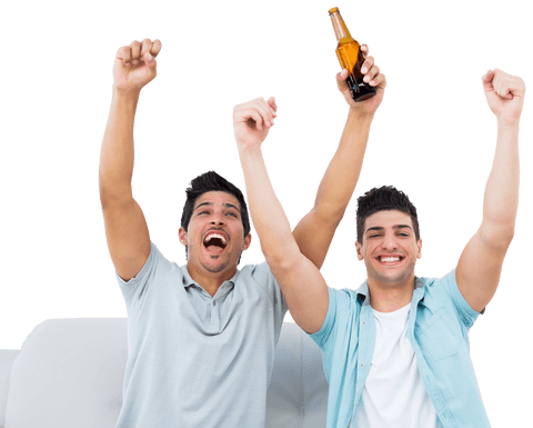 Excited Sports Fans Celebrating with Cheer and Beer on Transparent Background