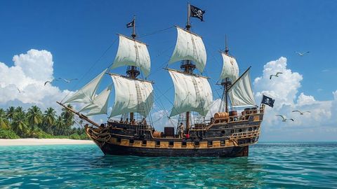 Sailing pirate ship near tropical beach on a clear day