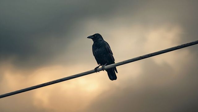 Solitary Black Crow Perching a Utility Wire Against Moody Sky