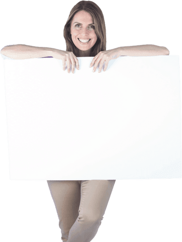 Transparent smiling woman holding blank banner