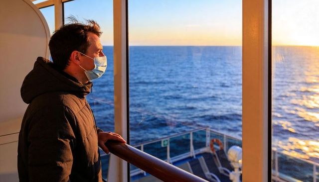 Masked traveler standing on cruise balcony at sunset looking out over calm ocean horizon