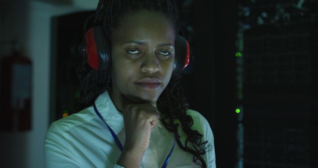 An African American woman engineer standing in a data center with hearing protection headphones. The focused and determined expression highlights the seriousness of her work environment. This can be used in articles or web content related to IT professions, diversity in tech, workplace safety, and women in engineering.