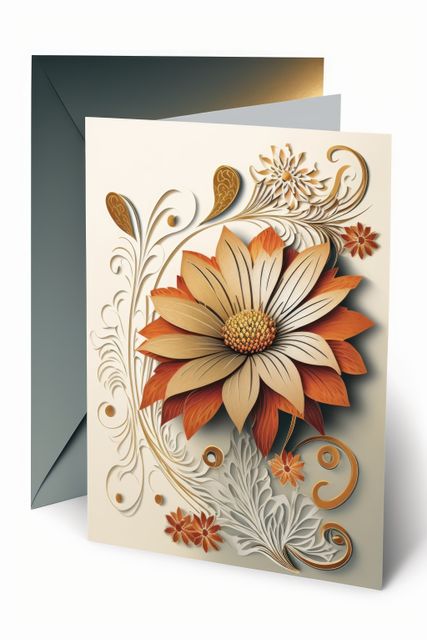 Intricate floral greeting card illustrating detailed flower design with embellishments and leaf motifs. Perfect for any occasion, such as birthdays, anniversaries, or thank-you notes. This artistic card can be utilized in various settings, including gift shops, craft stores, and e-commerce websites that sell handmade or artistic cards.