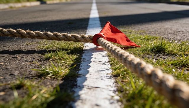 Rope crossing painted center line with red flag casting shadow on sunlit asphalt road