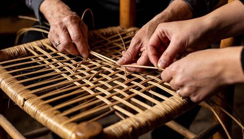 Weaving cane seat on vintage wooden chair with skilled hands threading reed and small tool