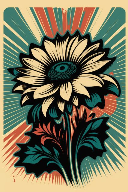 Flower with white and green petals over colourful stripes, created using generative ai technology. Retro, nature and flower concept.