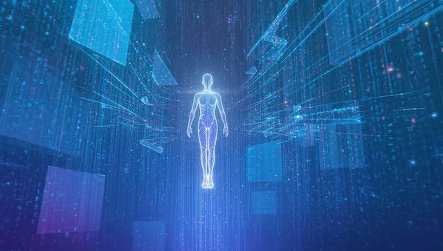 Floating wireframe humanoid avatar glowing in blue data corridor with holographic panels