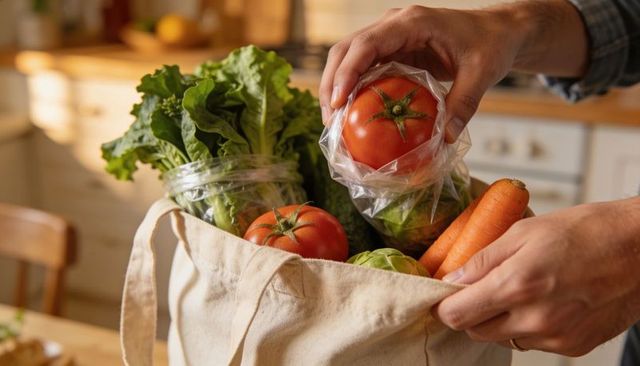 Packing sunlit canvas tote with fresh tomatoes, lettuce and carrots for sustainable groceries
