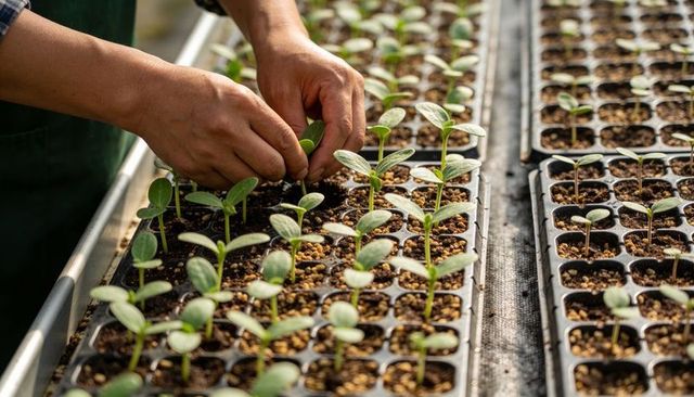 Hands tending seedlings in greenhouse trays growing healthy nursery seedlings for propagation