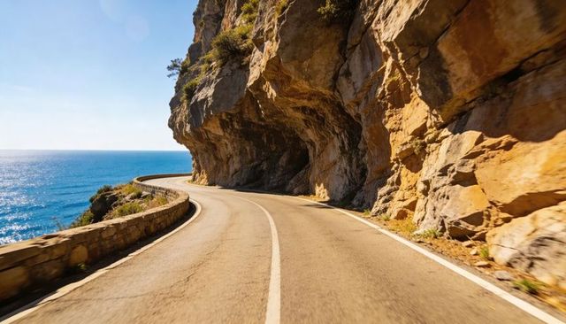 Winding coastal road hugging rocky cliff with stone barrier overlooking sunlit sea