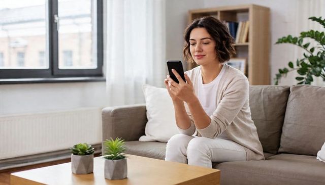 Woman sitting on sofa holding smartphone and scrolling in cozy modern living room