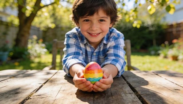 Smiling boy offering painted rainbow egg at wooden picnic table in sunny backyard