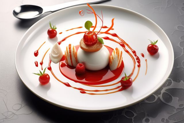A beautifully plated gourmet dessert showcasing an intricate strawberry garnish and elegant color palette. Ideal for use in fine dining promotional materials, culinary magazines, food blogs, and marketing content for upscale restaurants or luxury food products.
