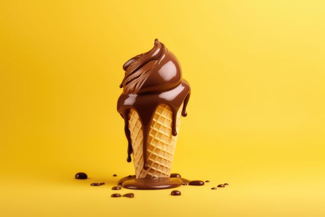 Chocolate-covered ice cream cone perfect for advertisements, dessert menus, social media posts, and food blogs. Evokes a sense of delicious indulgence and can be used for summer promotions or culinary themes.