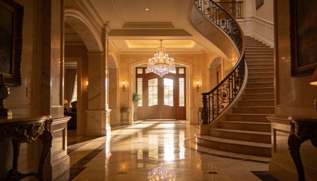 Grand curved staircase and crystal chandelier in luxurious marble mansion foyer