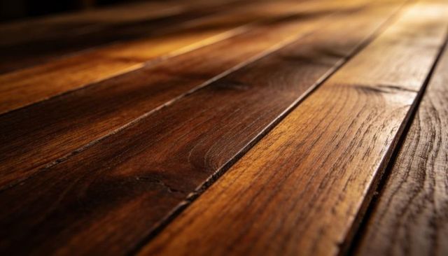 Warm varnished hardwood planks running diagonally with visible grain and glossy finish
