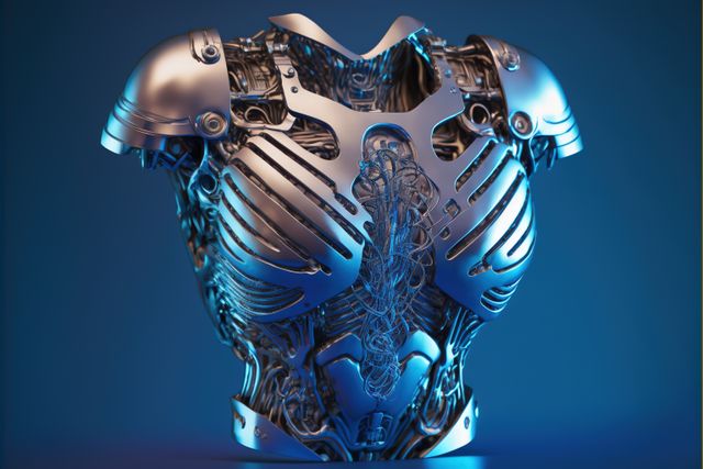 This strikingly detailed image features a robotic torso with complex mechanics illuminated by blue lighting. Perfect for use in sci-fi themed projects, technology blogs, and articles discussing advancements in artificial intelligence and robotics. Can also be utilized for promotional materials for tech companies or educational purposes in engineering and mechanical studies.