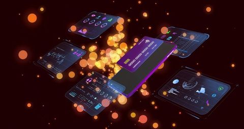 Holographic Mobile Fintech Interface with Floating Credit Card and Neon Analytics Dashboards