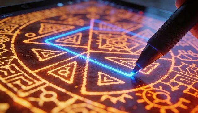 Stylus tracing neon sigil on tablet for futuristic ui, magic glyph, geometric glow, ar