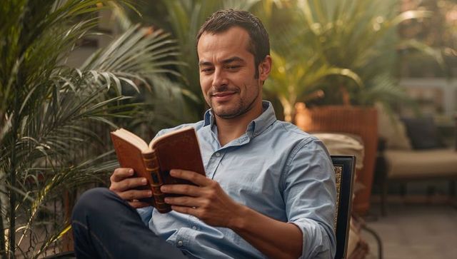 Man reading leather-bound book and turning pages on plant-filled patio at golden hour