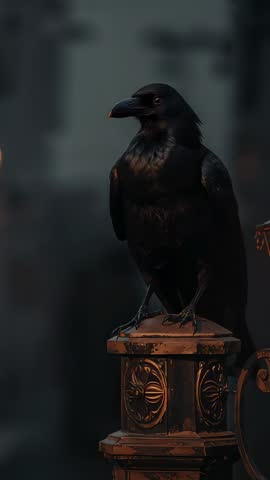 Raven Perching on Ornate Urban Post Turning Head at Dusk | Vertical Cityscape Video