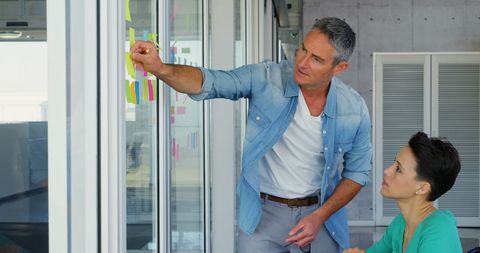 Caucasian Businessman Presenting Ideas on Glass Wall with Colleague