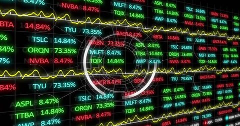 Neon stock market ticker wall with circular hud overlay and yellow sparkline trading charts