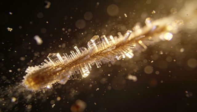 Glittering awn holding crystalline hoarfrost in warm golden backlight, macro sparkle