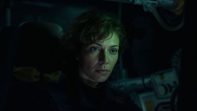 Female technician adjusting cockpit control panel under moody green light in cabin