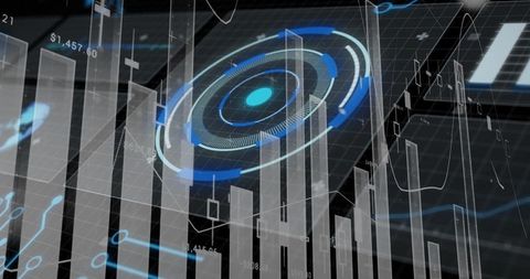 Futuristic data visualization interface with hud and bar chart array