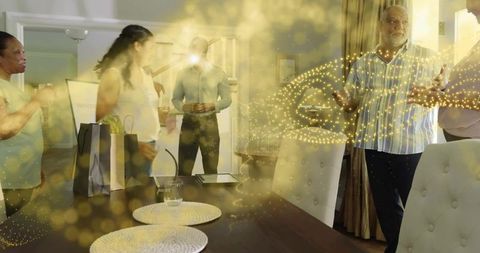 Multigenerational Family Gathering Around Dining Table, Sharing Gifts and Warm Light
