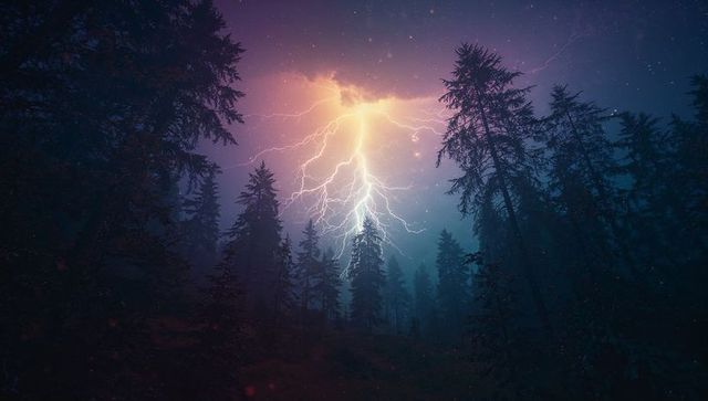 Lightning Bolt Striking Misty Pine Forest at Night