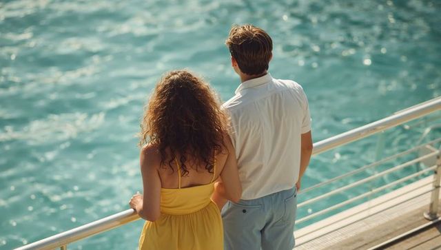 Romantic couple standing on sunlit boardwalk gazing at turquoise sea and distant horizon