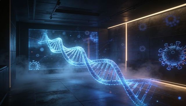 Holographic dna helix projecting through futuristic laboratory with virus holograms