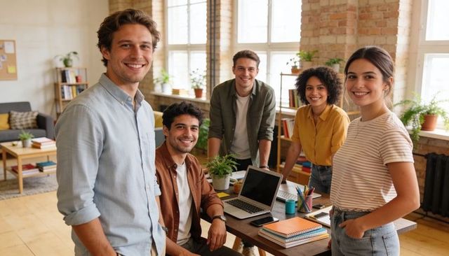 Diverse startup team collaborating and brainstorming around laptop in bright loft coworking hub