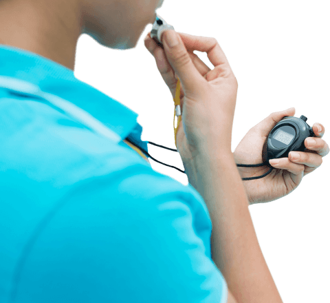 Transparent coach blowing whistle with stopwatch held close up