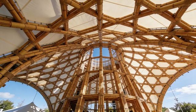 Bamboo lattice pavilion tower featuring tensile fabric canopy, rope bindings and cables