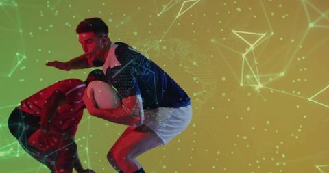 Dynamic Rugby Tackle with Futuristic Digital Overlay