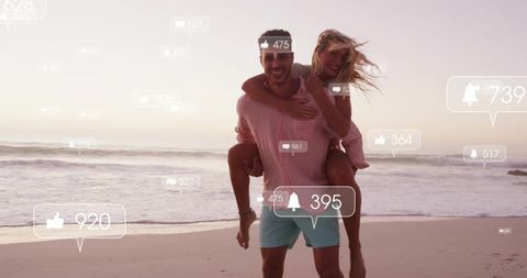 Couple Enjoying Sunset on Beach with Social Media Effects