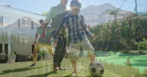 Outdoor Family Soccer on Lawn with Mountain Overlay Harmony