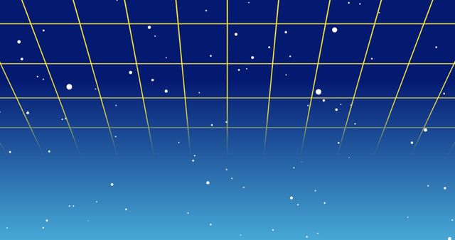 Retro futuristic scene with glowing grid and starry sky blending into blue gradient. Perfect for technology themed wallpapers, sci-fi projects, digital art backgrounds, or retro styled design elements.