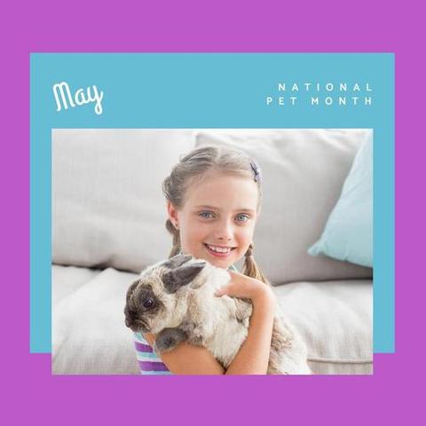 Composite of may national pet month text and cute caucasian girl ...