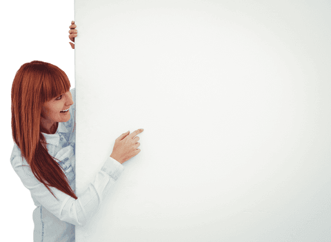 Transparent woman pointing to white blank board happiness