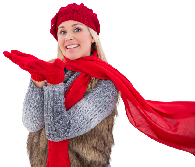 Smiling Blonde Woman in Red Winter Clothes with Open Hands, Transparent Background - Download Free Stock Videos Pikwizard.com