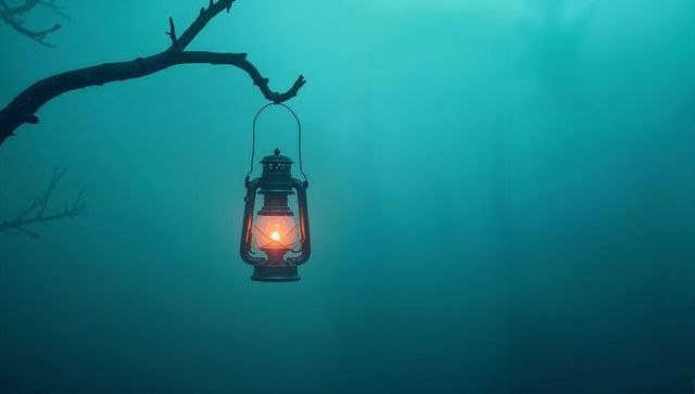 Glowing lantern on misty branch in foggy forest