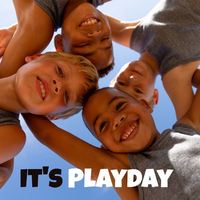 Composite of its playday text with happy multiracial boys huddling outdoors. national day, copy space, celebration, childhood, playful, unity, friendship, campaign.