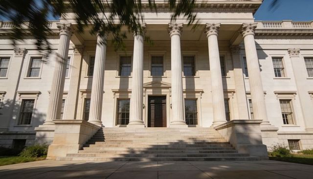 Neoclassical courthouse facade with six fluted columns and grand stone staircase